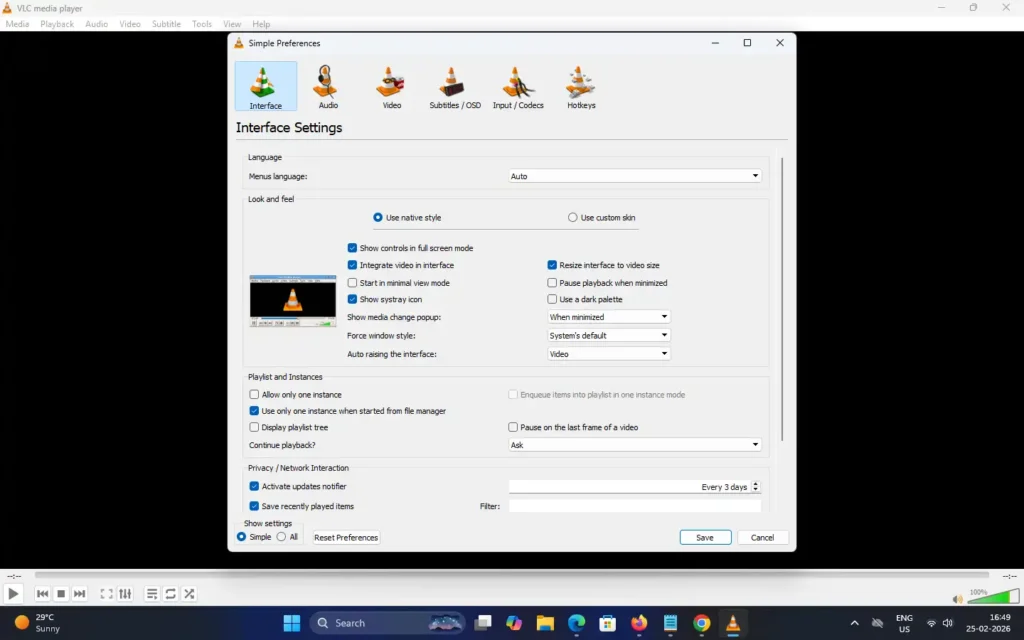 VLC media player for windows prefrences
