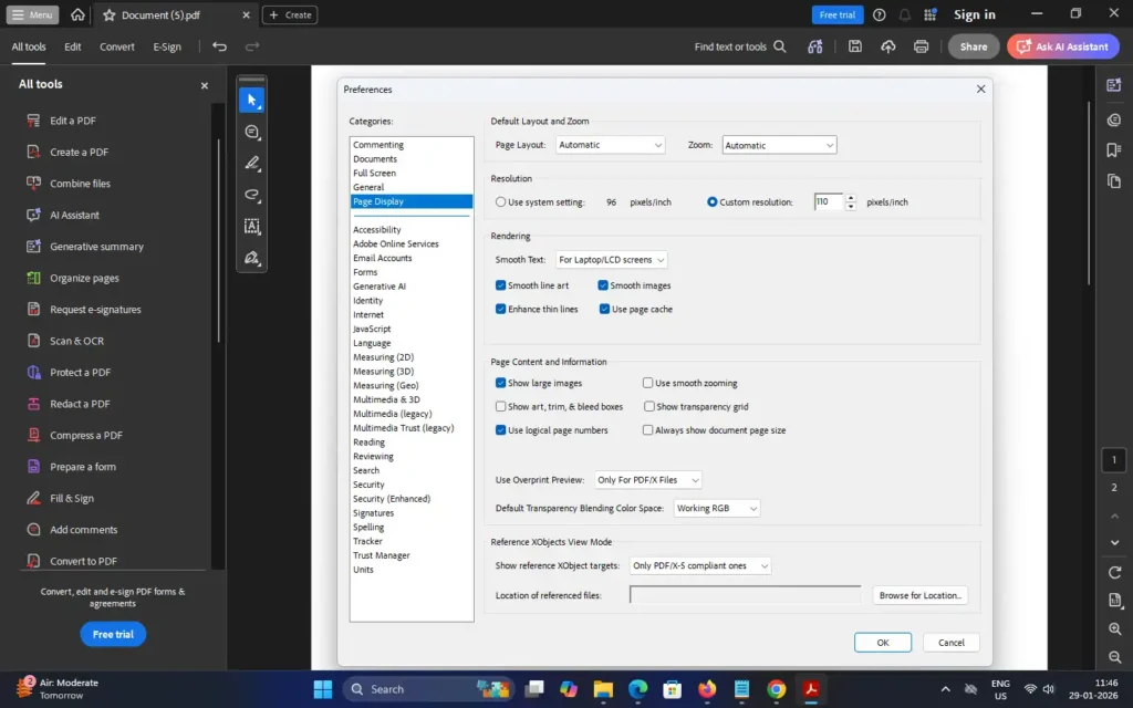 Adobe Reader DC interface showing prefrences